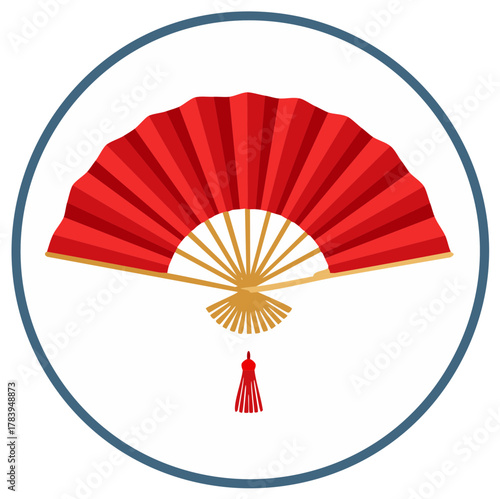 Red and gold traditional folding fan with tassel in circular frame