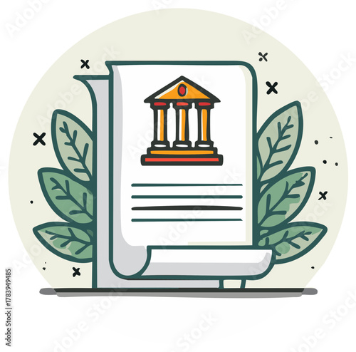 Hand drawn doodle icon of a legal document, constitution, or bank charter with a classical building symbol and laurel leaves