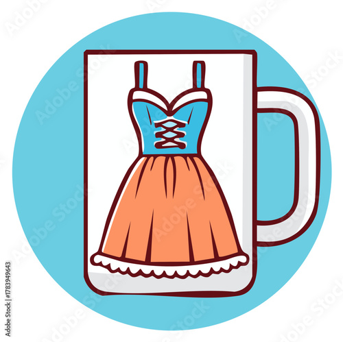 Cartoon style coffee mug featuring a vibrant traditional Bavarian dirndl dress design on its surface