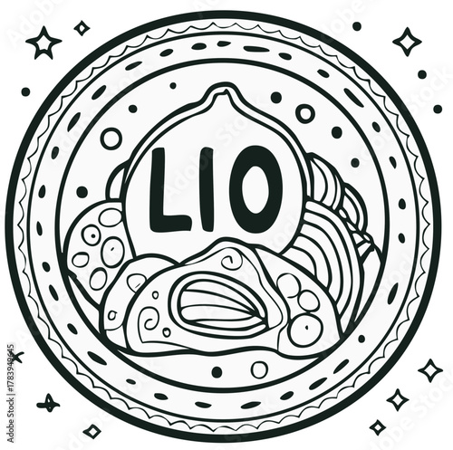 Hand drawn cartoon plate of Italian pasta with seafood and lemon in a decorative circular frame