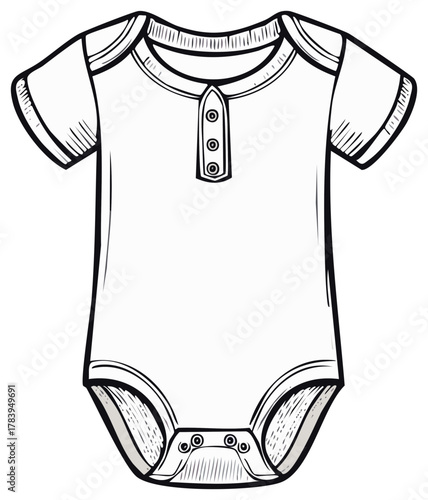 Simple line drawing illustration of a baby bodysuit with snap closures and button detail