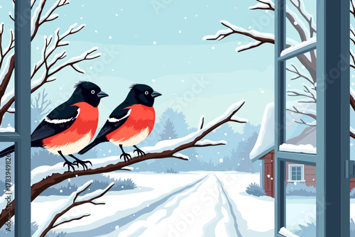 Bullfinches on the window, peaceful, perched on a branch overlooking a snowy landscape