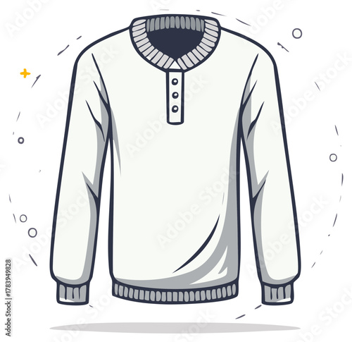 Illustration of a long-sleeved white sweater with three buttons at the neck