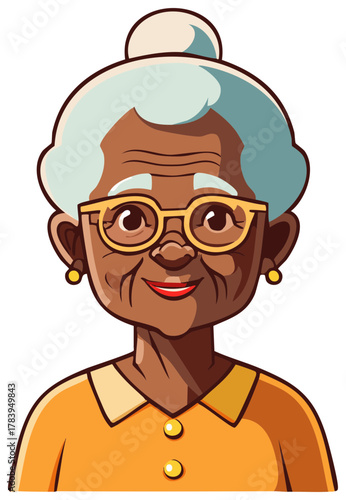 Cartoon portrait of a happy senior black woman with glasses and a bun