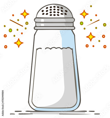 Glass salt shaker with metal lid and sparkling stars illustration