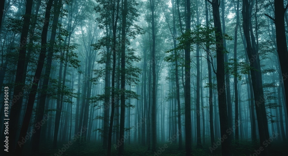 Obraz premium Mysterious misty forest with tall trees. Atmospheric woodland landscape in morning fog. Cinematic and moody natural environment. Eerie deep woods scenery for a fantasy concept