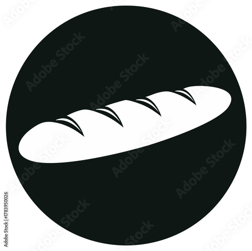 White baguette bread loaf silhouette in a black circle graphic illustration