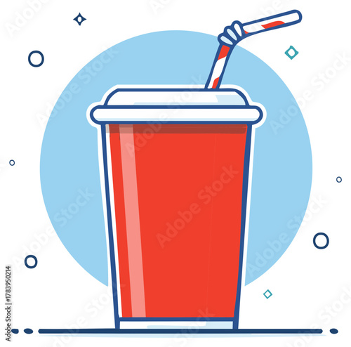 Vector illustration of a red soda cup with a striped straw and blue background elements