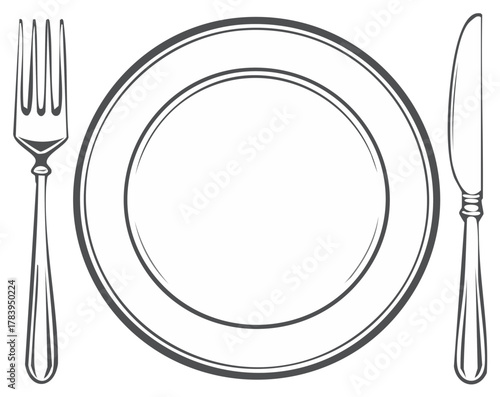 Clean black and white illustration of a dinner plate with a fork and knife set for dining