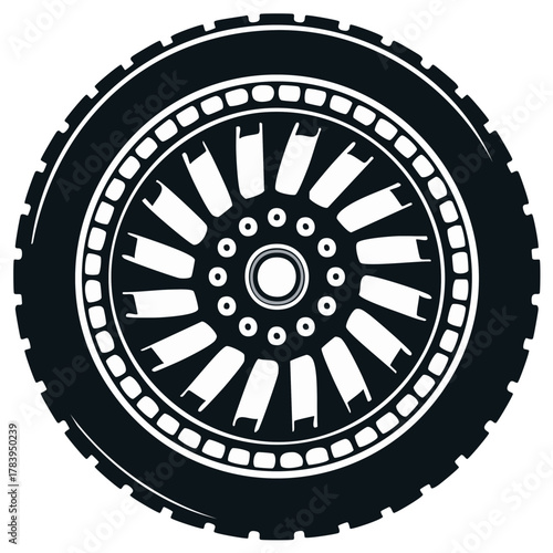 Black and White Graphic of a Car Wheel Tire with Detailed Rim
