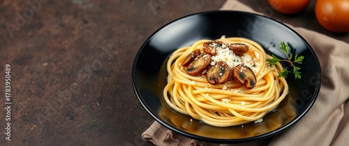 Creamy fettuccine pasta, crispy fried mushrooms, parmesan, black plate,  foodphotography,  dinner