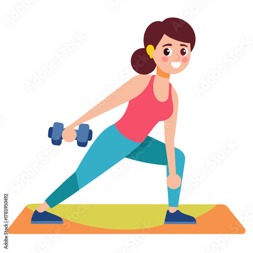 Fit young woman exercising with dumbbells on a yoga mat in a lunge position