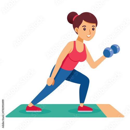 Fit woman doing lunges with dumbbells on a yoga mat for strength training