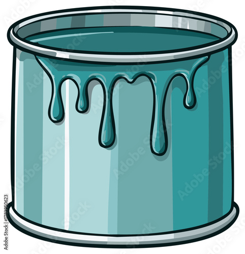 A cartoon illustration of an open metal tin full of teal paint with drips running down the side