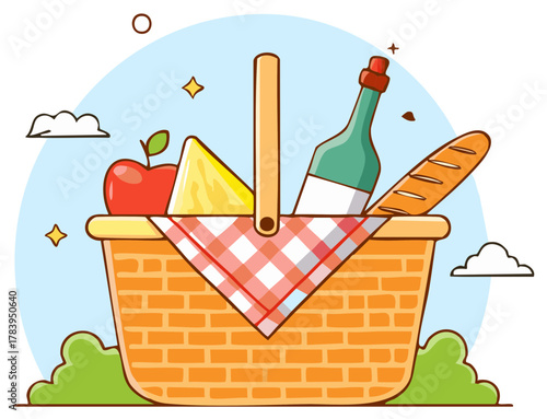 Cartoon picnic basket with wine, bread, and cheese for a summer outdoor lunch