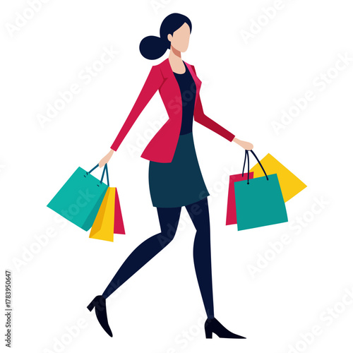 Stylish woman walking with colorful shopping bags after a successful shopping spree