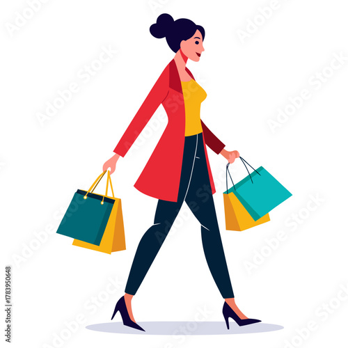 Stylish woman in red coat and dark pants carrying shopping bags