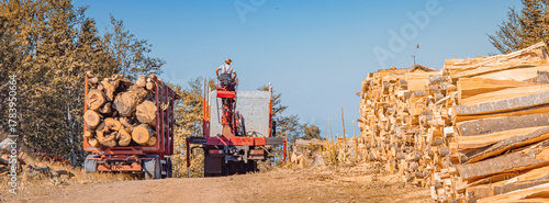 Foto Logging truck with a crane loading cut wood logs on a dirt road, worker operatin