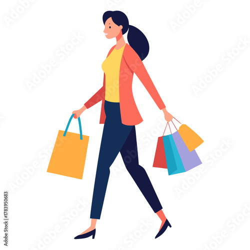 Stylish woman walking with shopping bags after a successful shopping spree