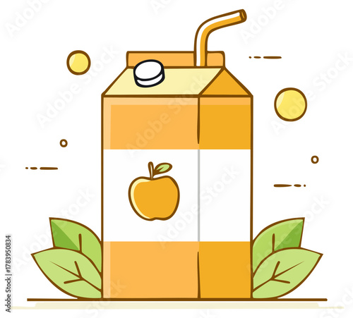 Cartoon apple juice carton with a drinking straw and fresh leaves vector icon
