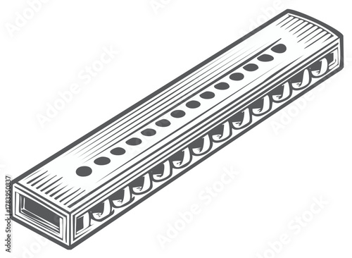 Vintage harmonica illustration, detailed drawing of a wind instrument. Musical engraving.
