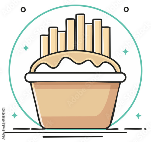 Cartoon illustration of a container of french fries in a modern design