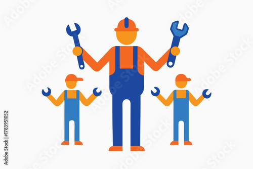 Foreman with two mechanics showcasing wrench, dressed in overalls, against a white backdrop