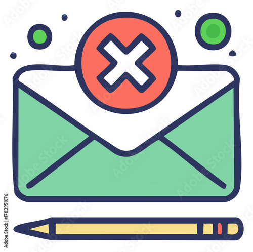 Rejected email illustration with pencil and red circle cancel symbol, communication concept.