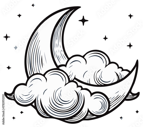 Mystical black and white crescent moon with dreamy clouds and sparkling stars celestial illustration