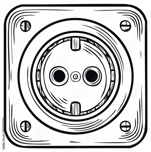 Illustration of round European power outlet, black and white electric socket with screw