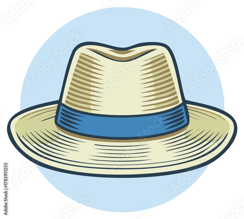 Stylized Hat with Blue Ribbon - Summer Apparel Illustration, Flat Design