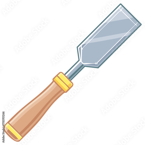 Classic woodworking chisel with a wooden handle and shiny steel blade illustrated in a clean cartoon style