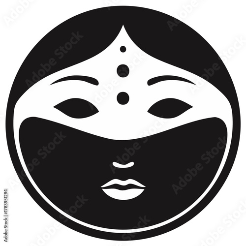Elegant graphic of a veiled woman's face with forehead ornament in a circular frame