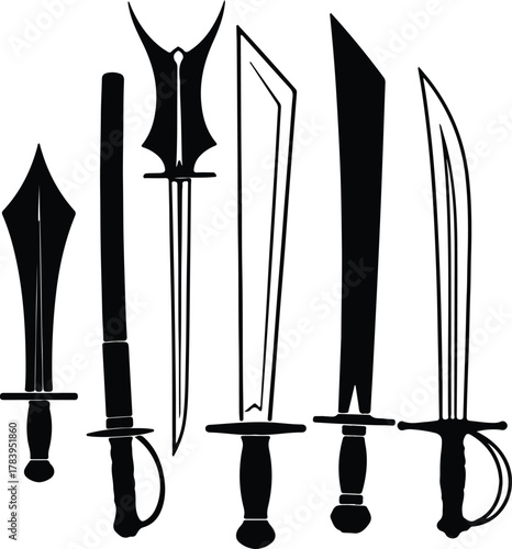 Illustrator Collection of various sword and weapon silhouettes vector