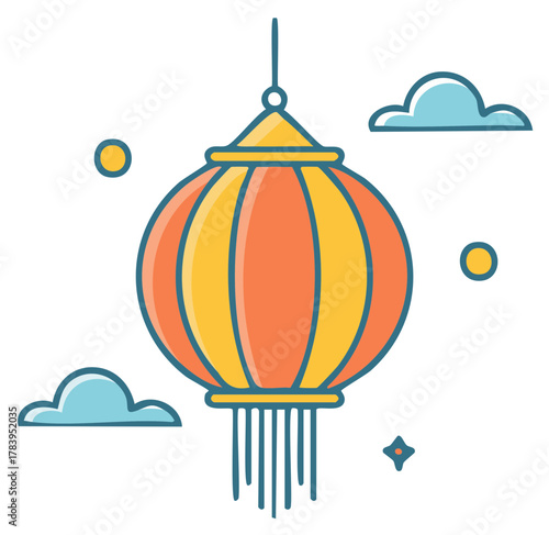 Illustration of a colorful hanging lantern with clouds and celestial accents.