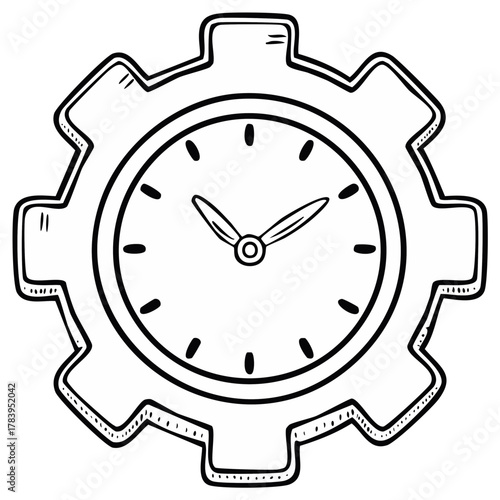 Clock mechanism drawing: Gear-shaped, conceptual time element for interface, doodle style