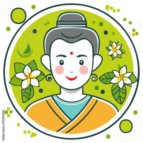 Peaceful enlightened figure illustration with serene expression and blooming tropical flowers