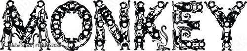 Monkey Text Illustration Featuring a Group of Monkeys Forming Letters Spelling the Word Monkey