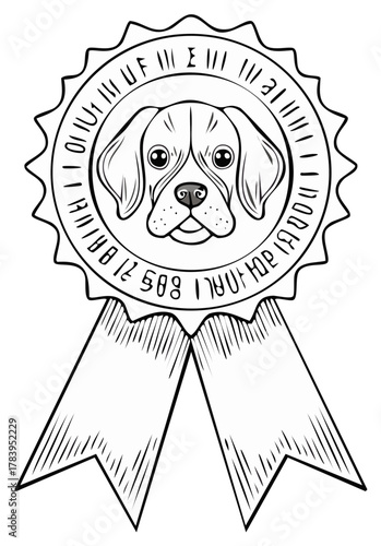 Line art illustration of a best in show award ribbon with a cute beagle dog face