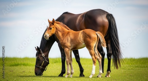Fototapeta Naklejka Na Ścianę i Meble -  Mother horse with her young foal on a farm. Equine family bond and maternal care. Livestock grazing on a summer meadow. Agricultural scene of animal husbandry and breeding