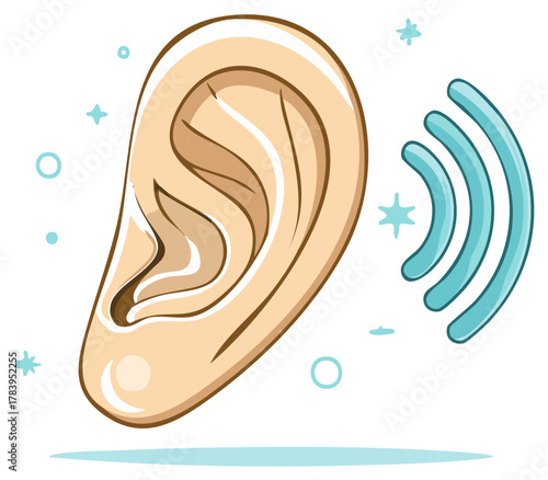 Illustrated Ear Icon with Sound Waves Representing Hearing and Listening