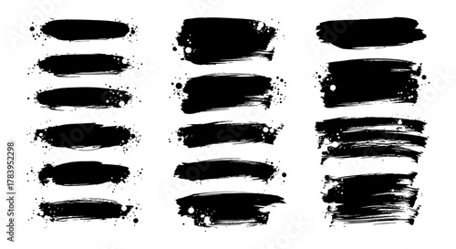 Dynamic set of black brush stroke elements for modern graphic designs and artistic compositions, ideal for adding texture and emphasis