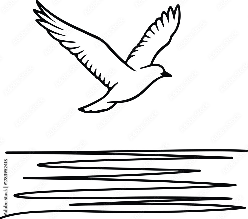 Obraz premium Illustrator flying dove above the sea black lines Silhouette vector