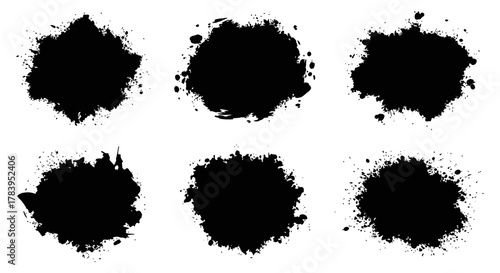 Dynamic set of six black ink splatters for creative design projects, ideal abstract art elements and grunge effects, versatile design assets