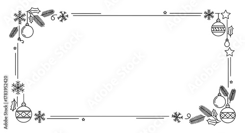 Elegant Christmas frame featuring minimalist ornaments and snowflakes for holiday cards and festive event invitations with vector design