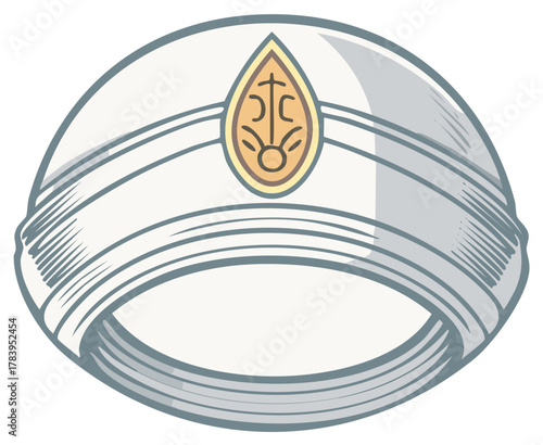 Traditional white turban with emblem for cultural and religious representation and significance