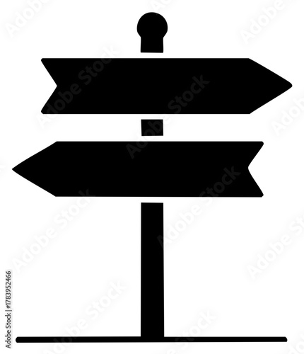 Directional signpost pointing left and right showing choices and destinations on a black and white pictogram