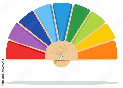 A vibrant rainbow colored folding hand fan accessory as a symbol of LGBTQ pride month and diversity celebration.