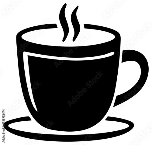 Black Silhouette of Steaming Coffee Cup on Saucer, Hot Drink, Breakfast Beverage