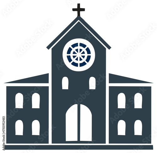 Minimalistic Church Building with Cross Symbol and Round Window, Religious Architecture